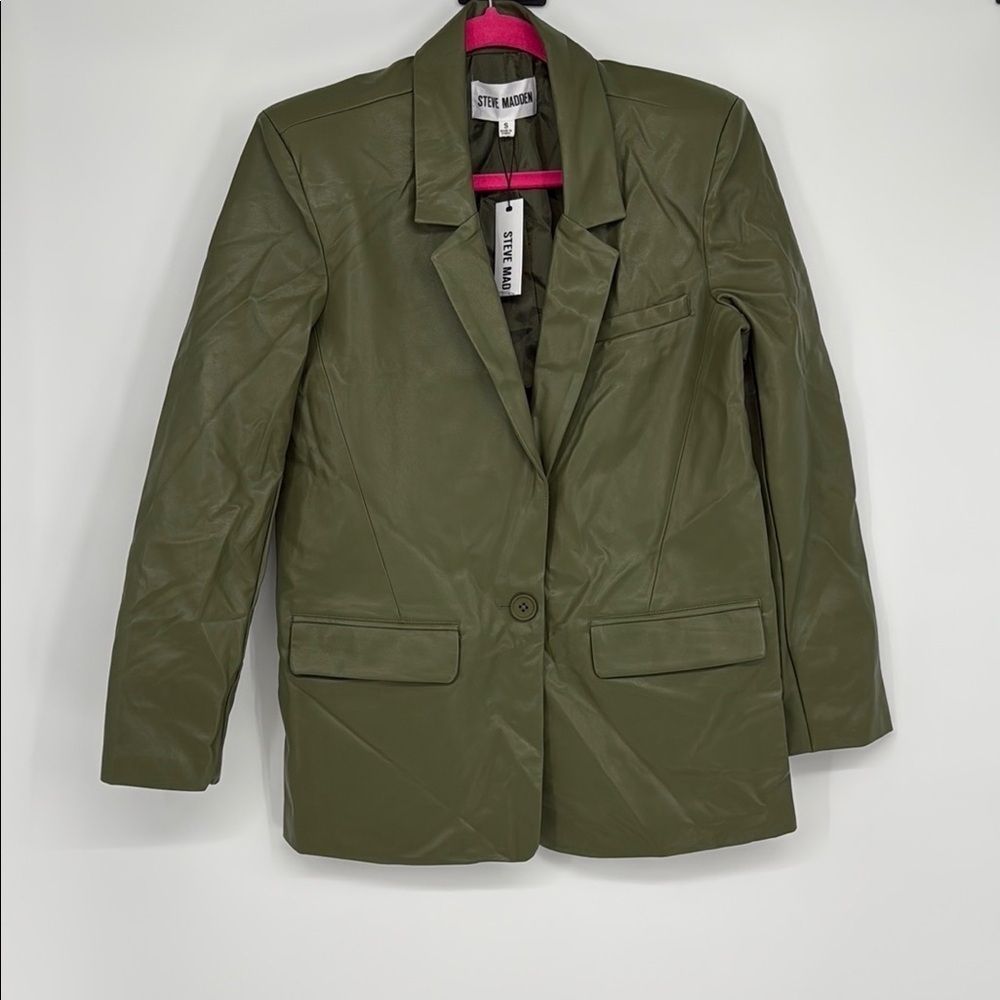 Steve Madden Audrey Faux Leather Blazer NWT Winter Moss Green Size S
